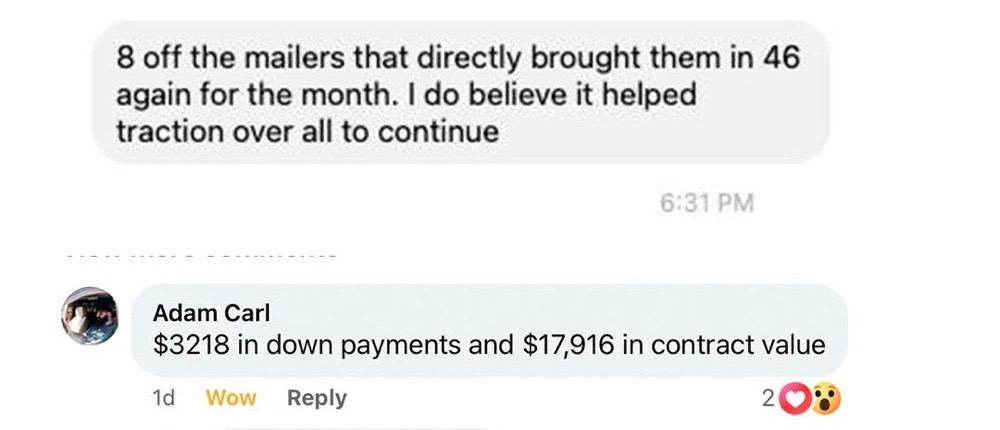 Adam Carl, Campeo Jiu Jitsu - EDDM mailer result: 8 off the mailers brought in 46 members; $3,218 in down payments and $17,916 in contract value