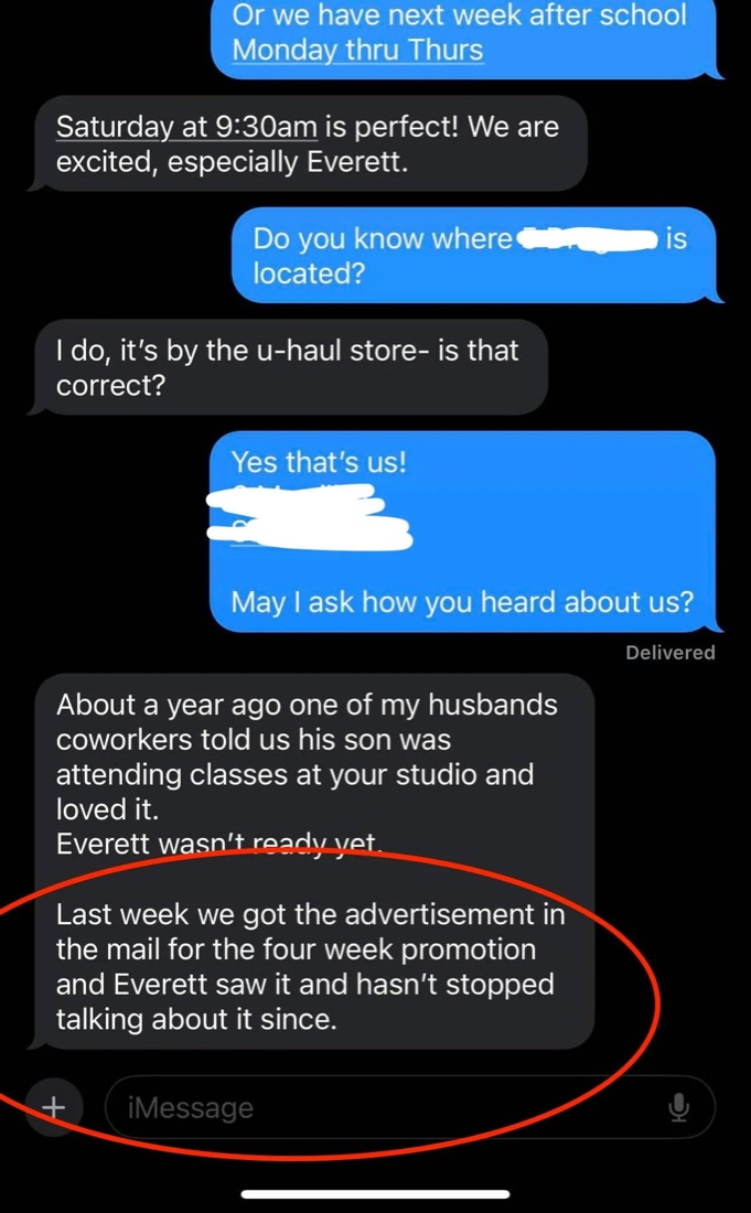 Parent text: got the advertisement in the mail for the four-week promotion and hasn't stopped talking about it since