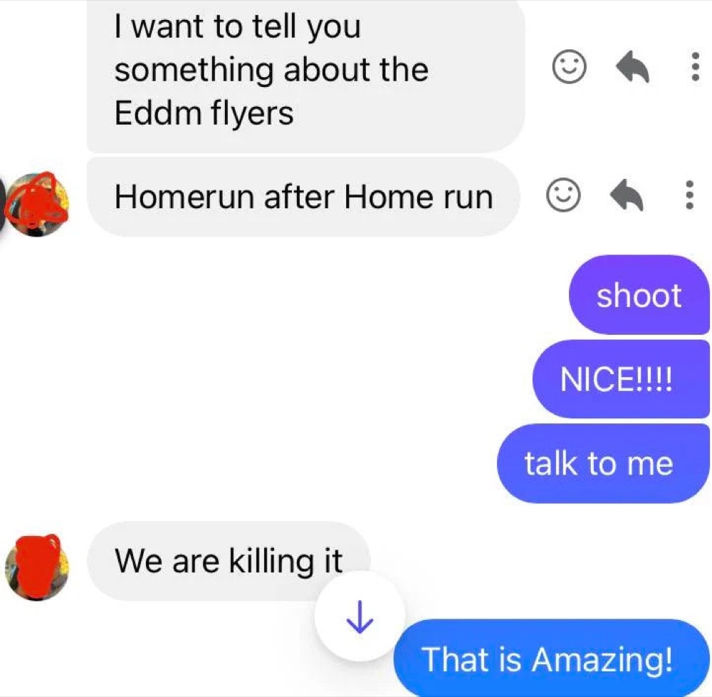 Client text thread: Homerun after Home run, We are killing it, That is Amazing!