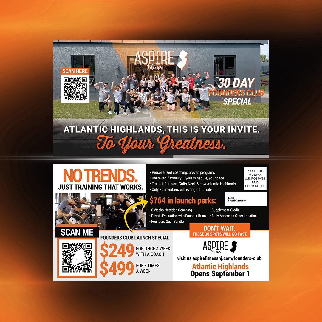 Direct-mail postcard campaign sample - Aspire Fitness Founders Club, Atlantic Highlands NJ