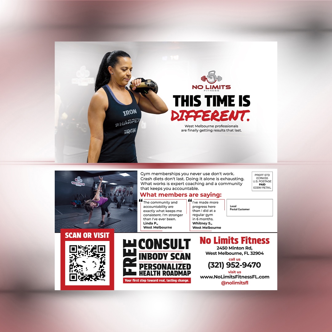 Direct-mail postcard campaign sample - No Limits Fitness adult gym, West Melbourne FL