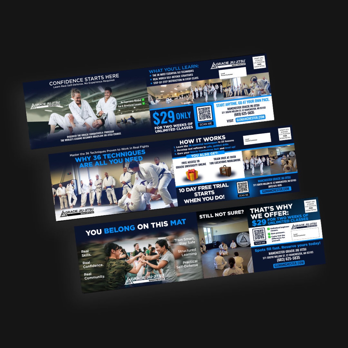 Direct-mail postcard campaign sample - Gracie Jiu-Jitsu