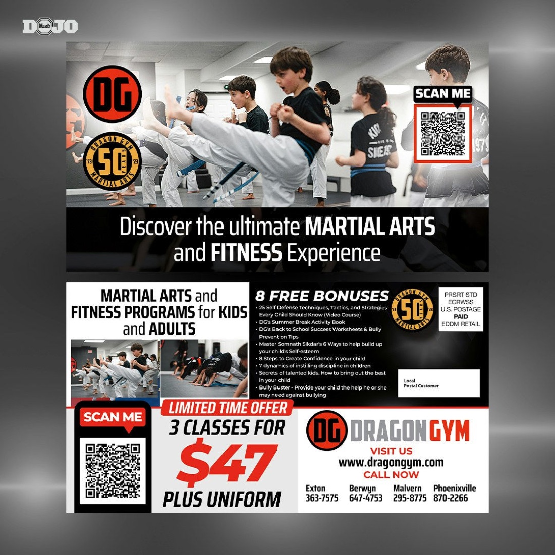 Direct-mail postcard campaign sample - Dragon Gym martial arts and fitness